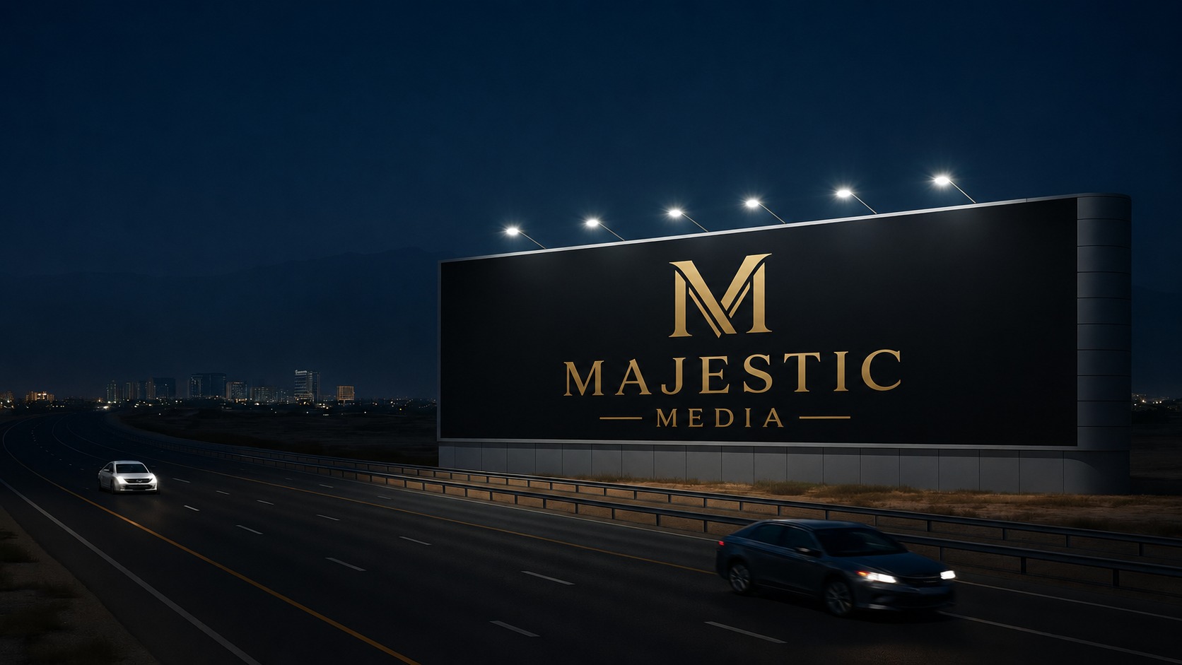 Majestic Media branded roadside billboard concept at night